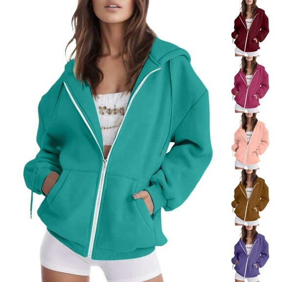 Idoravan Hoodies for Women Zip Up Women Casual Solid Long Sleeve Zipper Pocket Shirt Drawstring Hooded Sweatshirt Tops with Frant Pocket Jacke Purple