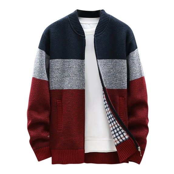 Idoravan Jackets for Men ,Men's Long Sleeve Shirt Mens Zip Up Knitted Cardigan Thick Sweater Stand Collar Fleece Lined Warm Wine L