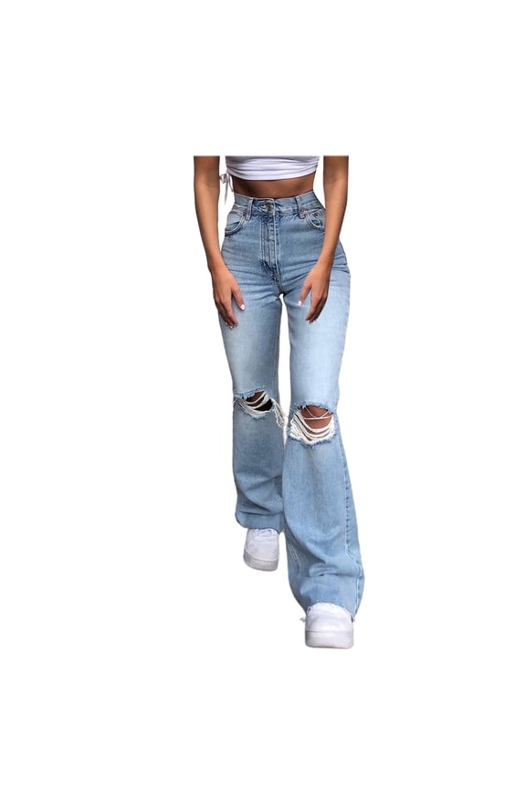 Jeans for Women Clearance under $5 Stretch Jeans for Women on Clearance Ripped Women Button High Waist Pocket Elastic Hole Trousers Loose Pants