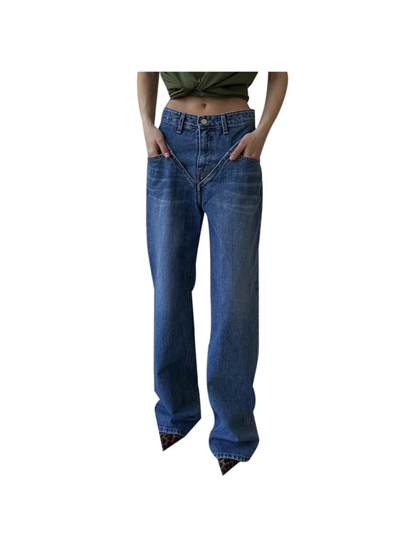 Jeans for Women under $5 Women's Fashion High Waisted Street Trendsetters Denim Pants V-waist Straight Tube Lrregular Buckle Design Loose ing Effect