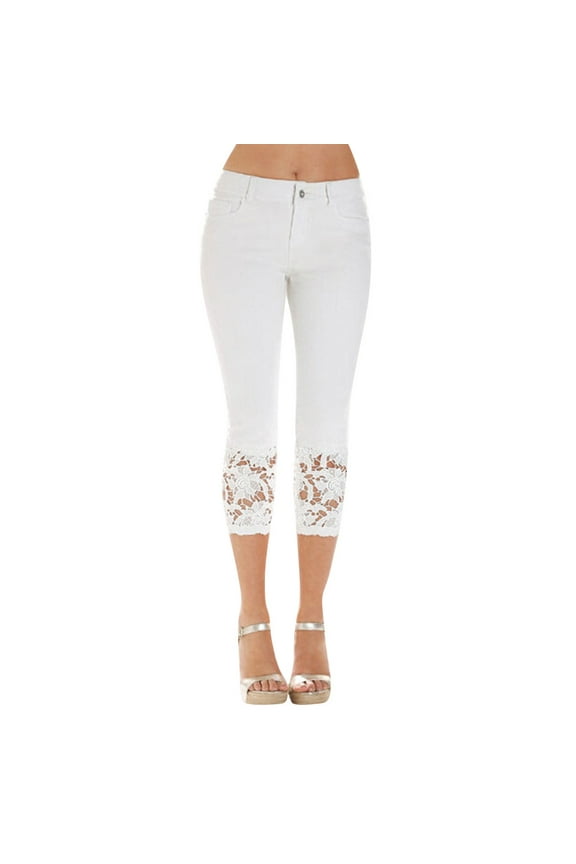 Jeans for Women under 10.00 Women Summer Elastic Lace Denim Casual Cropped Trousers Cropped