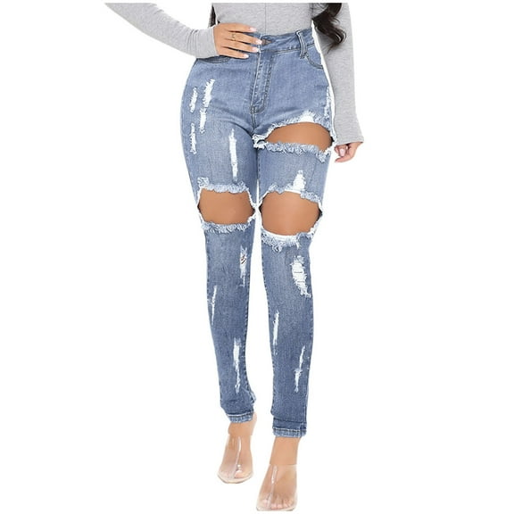 Idoravan Jeans for Women Clearance under $5 High Waisted Jeans for Women Ripped Womens Hole Button Zipper Pocket Casual Flares Wide Leg Slim Pants