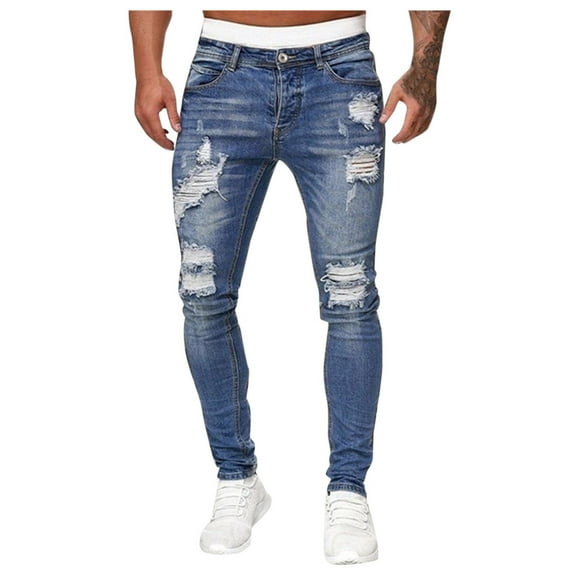 Idoravan Jeans for Women under $5 Jeans for Men Ripped Men Jeans Solid Color Ripped Holes Frayed Gradient Washed Trousers
