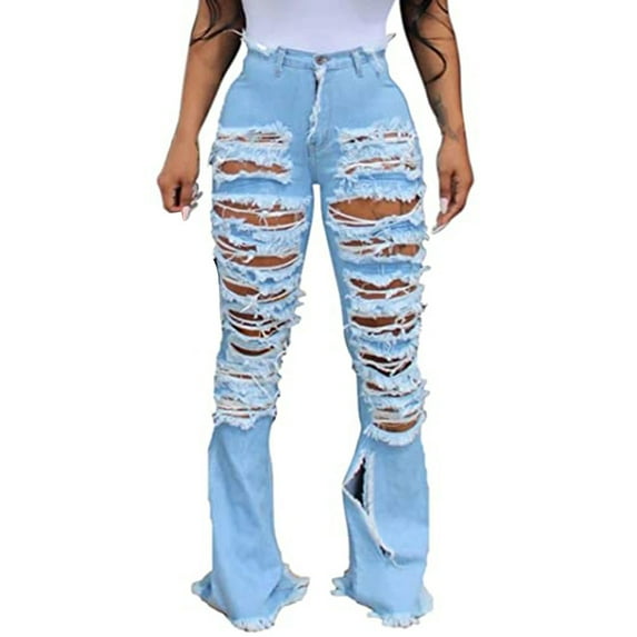 Idoravan Jeans for Women Ripped Women Fashion High Waist Slim Button Pants Trousers-bottom Pants