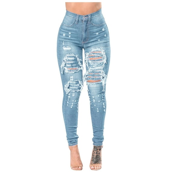 Idoravan Jeans for Women Ripped Women Slim Washed Ripped Hole Gradient Long Sexy Regular Pants