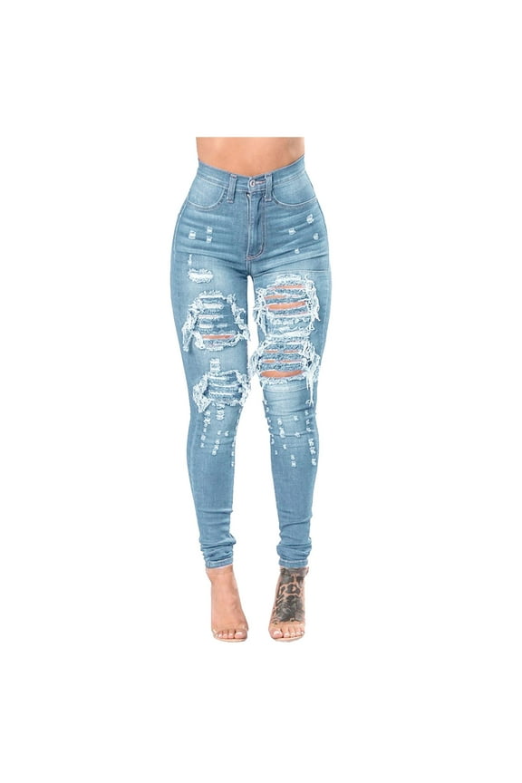 Jeans for Women Ripped Women Slim Washed Ripped Hole Gradient Long Sexy Regular Pants