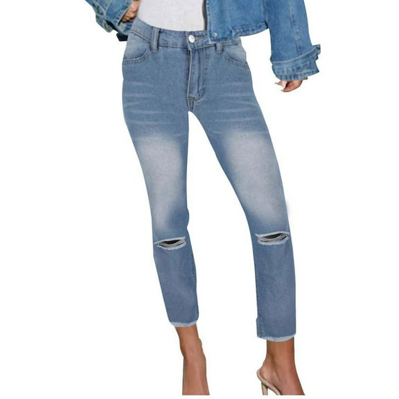 Idoravan Jeans for Women on Clearance Ripped Women's Solid Color Button Zipper Pockets Unedged Puncture Length Pants Jeans