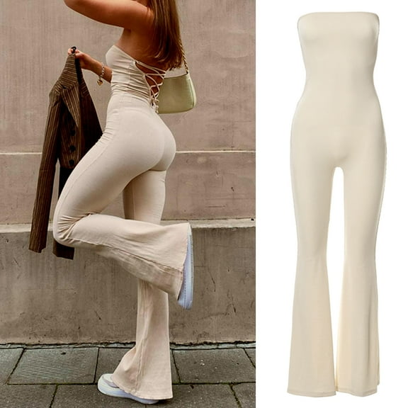 Idoravan Jumpsuit for Women Clearance Women Casual Trousers Solid Color Sleeveless Lace Up Backless Fashion Women's One-piece Pants Jumpsuits