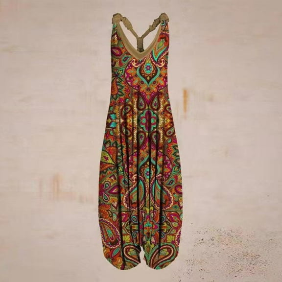 Idoravan Jumpsuit for Women Clearance Women Casual Vintage Print Backless V-Neck Sleeveless Playsuit Jumpsuit