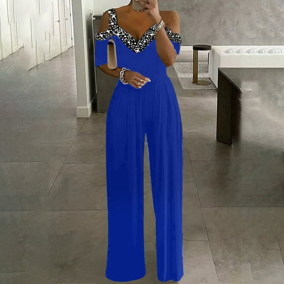 Idoravan Jumpsuit for Women Clearance Women Print Jumpsuit Pajamas Casual Short Sleeve Wide Leg Pants