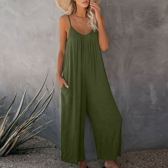 Idoravan Jumpsuit for Women Clearance Women Strap Jumpsuit Summer New Style Solid Color Pocket Casual Jumpsuit Female