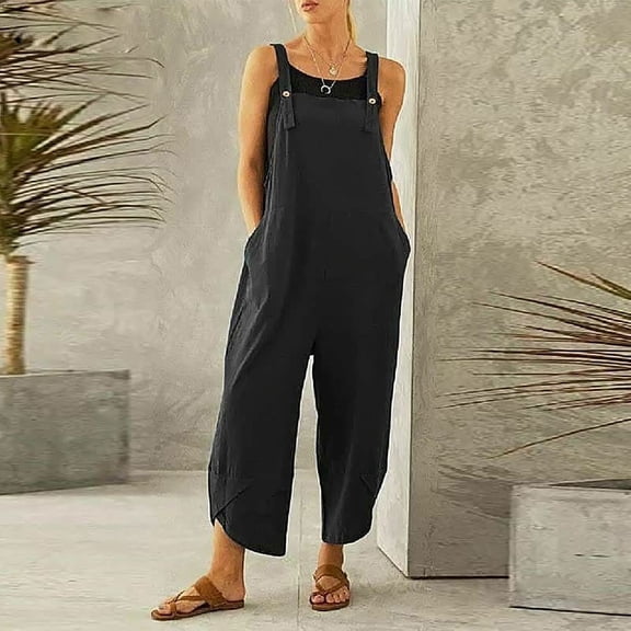 Idoravan Jumpsuit for Women Womens Fashion Summer Solid Casual Button Pocket Sleeveless Suspender Jumpsuit