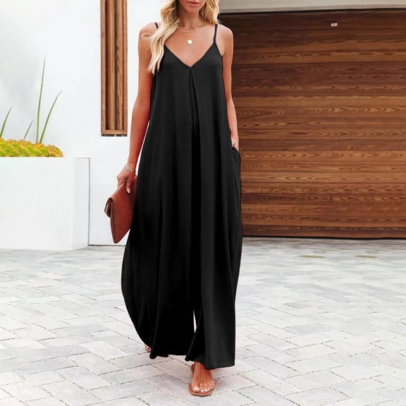 Idoravan Jumpsuit for Women Womens Fashion Summer Solid Casual Camis Sleeveless Suspender Jumpsuit