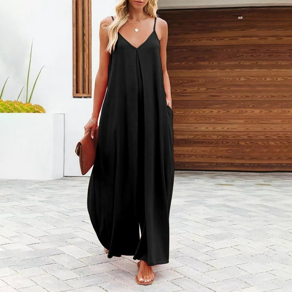 Idoravan Jumpsuit for Women Clearance Womens Fashion Summer Solid Casual Camis Sleeveless Suspender Jumpsuit
