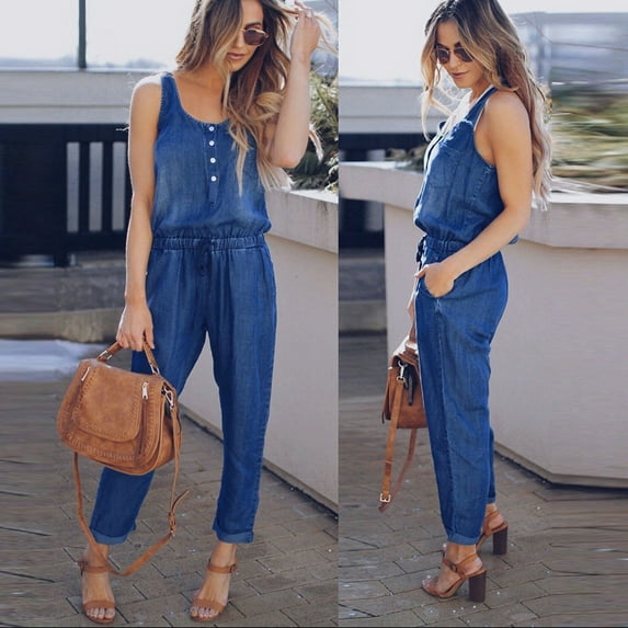 Idoravan Jumpsuit for Women Clearance Womens Holiday Playsuit Jeans Demin Elastic Waist Strappy Long Beach Jumpsuit