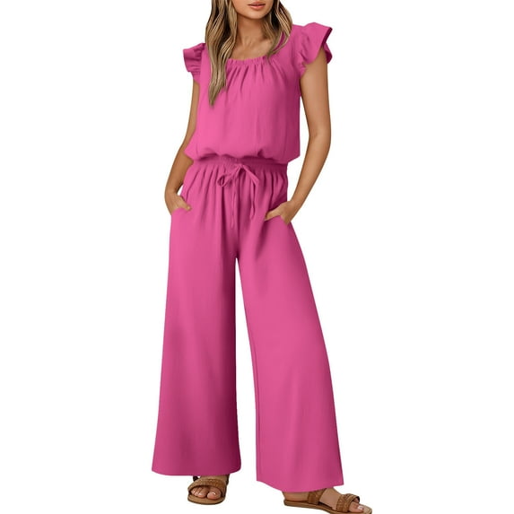 Idoravan Jumpsuits For Women Summer Ruffle Sleeves Round Neck Rompers Drawstring Overalls With Pockets