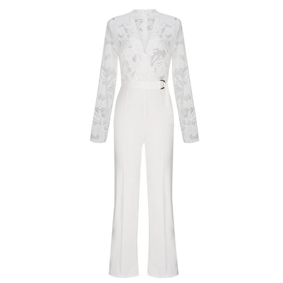 Idoravan Jumpsuits for Women Dressy Fashion Jumpsuit for Women Jumpsuit for Women Long Sleeve Women Solid Color Sexy Long Sleeved V-neck Lace Splicing Jumpsuit Pants