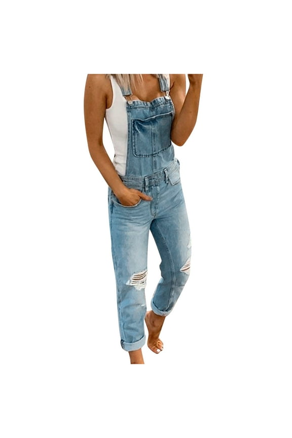 Jumpsuits for Women Casual Plus Size Women's Casual Sports Double Shoulder Strap Ripped Denim Jumpsuit Pants