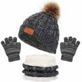 thumbnail image 1 of Idoravan Kids Winter Beanie Hat and Scarf Set Kids Winter Beanie Hat Warm Knit Thick Ski Cap with PomPom and Scarf Gloves Set for Girls Boys Black, 1 of 7