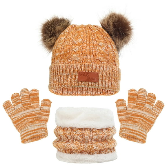 Idoravan Kids Winter Beanie Hat and Scarf Set Kids Winter Beanie Hat Warm Knit Thick Ski Cap with PomPom and Scarf Gloves Set for Girls Boys Yellow