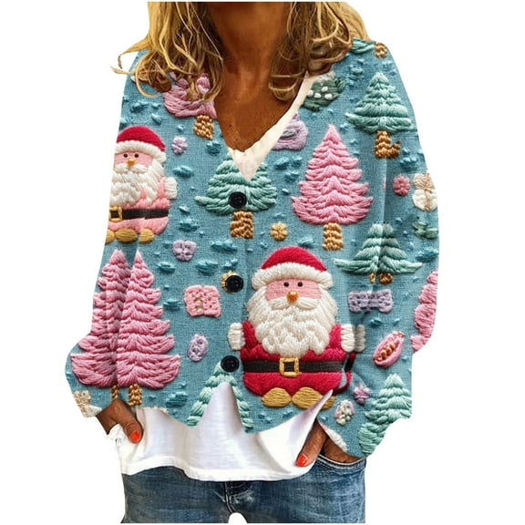 Idoravan Ladies Sweaters Long Sleeve V-Neck Sweaters for Women Plus Size Cardigan Button Up Women's Casual Cardigan Button Christmas Printed Fashion Jacket Coat