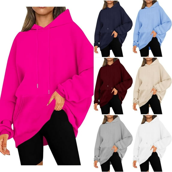 Idoravan Lightweight Hoodies for Women Front Pocket Women Fall and Winter Casual Christmas Solid Round Neck Long Sleeve Pullover Blouse Sweatshirt White M