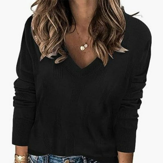 Idoravan Lightweight Sweaters for Women 2024 Spring Women's Solid Color Casual Slim Fitting Knitwear Pullover V-Neck Long Sleeve Sweater Tops Blouse Black S