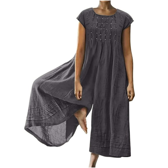 Idoravan Linen Jumpsuits Sleeveless Loose Wide Leg Jumpsuit Women Casual Solid Cotton Linen Romper Long Playsuit Zipper Short Sleeve Jumpsuit
