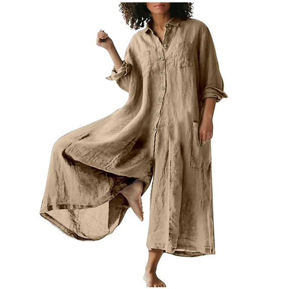 Idoravan Linen Jumpsuits Sleeveless Loose Wide Leg Jumpsuit Women Casual Solid Turn-down Collar Cotton Linen Romper Long Playsuit Zipper Jumpsuit