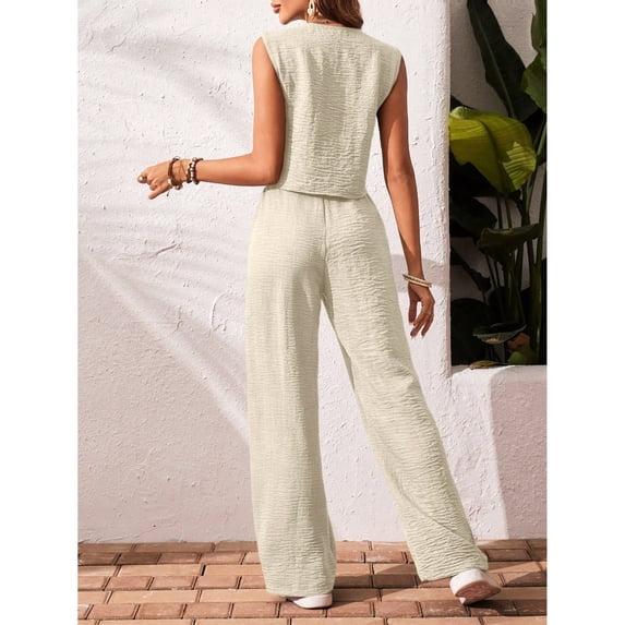 Idoravan Linen Sets for Women Summer Womens Dressy Clothes Trendy Women's Spring and Summer V-Neck Loose Sleeveless Shirt Wide Leg Pants Solid Color Set