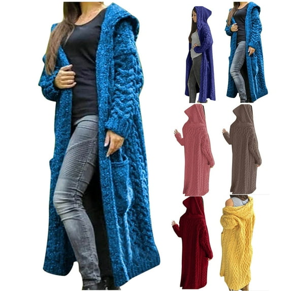 Idoravan Long Cardigan Sweaters for Women Fashion Women Casual Long Sleeve Solid Warm Sweater Ladies Tops Coat Coffee