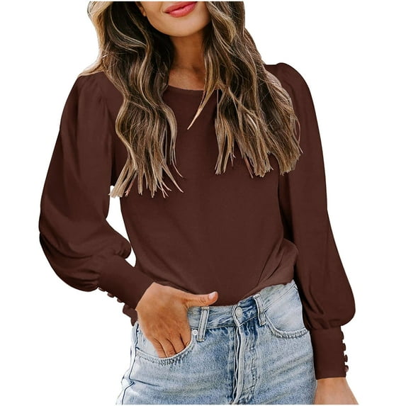 Idoravan Long Sleeve Shirts for Women Women's Spring and Autumn Round Neck Solid Color Puff Sleeve Button Long Sleeve Loose Casual Shirt Top
