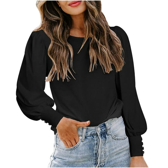 Idoravan Long Sleeve Shirts for Women Women's Spring and Autumn Round Neck Solid Color Puff Sleeve Button Long Sleeve Loose Casual Shirt Top