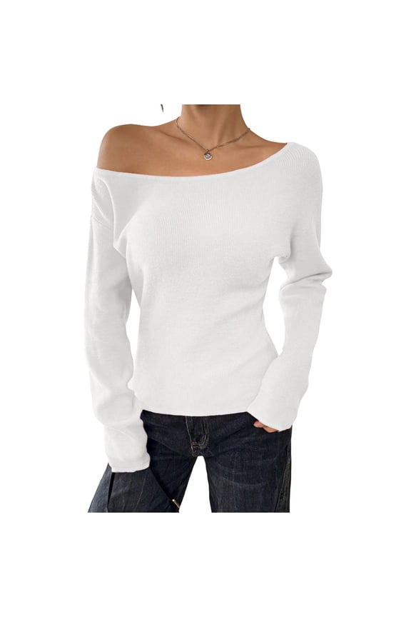 Long Sleeve Shirts for Women Dressy Off Shoulder Tops Women Long Sleeve Sweater Long Sleeve Women's Solid Color Sweater with Large Round Neck and Waist Top Bottoming Sweater Top White M