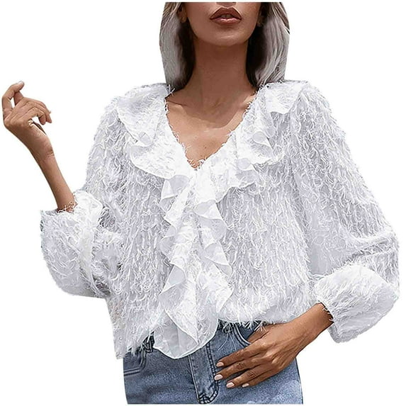 Idoravan Long Sleeve Shirts for Women Fashion Women Solid Lace Long Sleeve Lace Patchword V-Neck Short Blouse