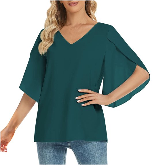 Idoravan Long Sleeve Shirts for Women Clearance Fashion Women's Summer V-neck Solid Three Quarter Sleeve Casual Top Blouse