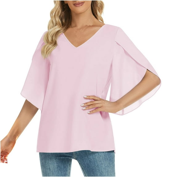 Idoravan Long Sleeve Shirts for Women Clearance Fashion Women's Summer V-neck Solid Three Quarter Sleeve Casual Top Blouse