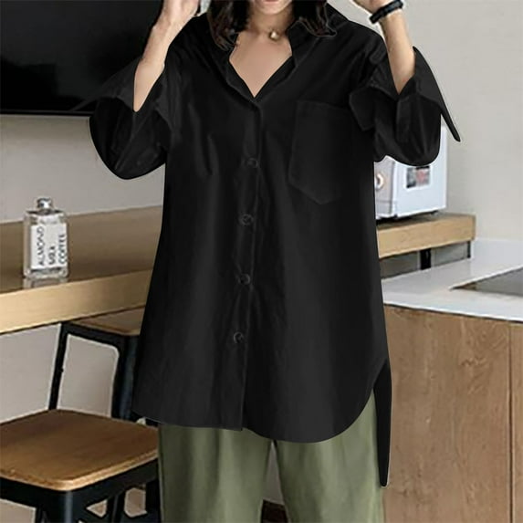 Idoravan Long Sleeve Shirts for Women Plus Size Women Casual Loose Pullover V-neck Top Solid Color Shirt