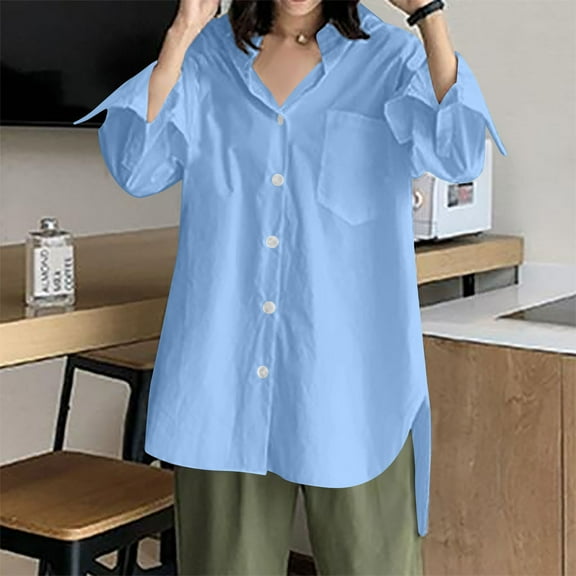 Idoravan Long Sleeve Shirts for Women Plus Size Women Casual Loose Pullover V-neck Top Solid Color Shirt