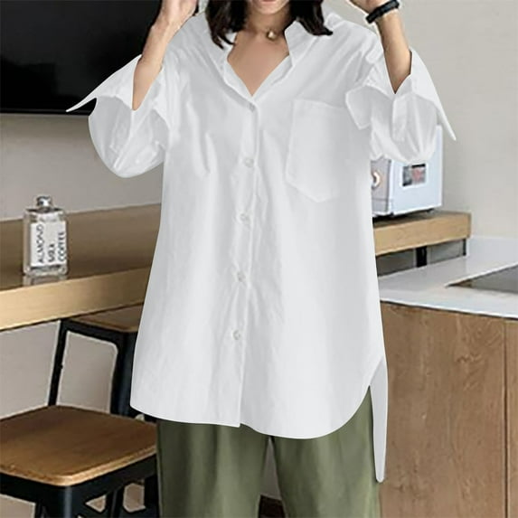Idoravan Long Sleeve Shirts for Women Clearance Plus Size Women Casual Loose Pullover V-neck Top Solid Color Shirt