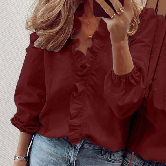 Idoravan Long Sleeve Shirts for Women Clearance Women Casual Full Sleeve V-Neck Tops Loose Shirts Plus Size Women Clothing