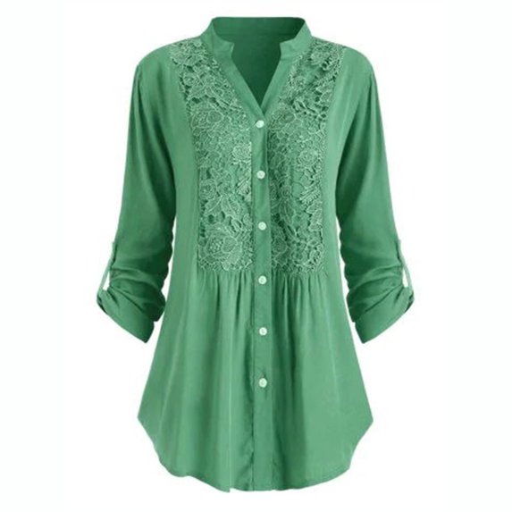 Idoravan Long Sleeve Shirts for Women Women Ladies Large Size Button Lace V Neck Long Sleeve Shirt Blous
