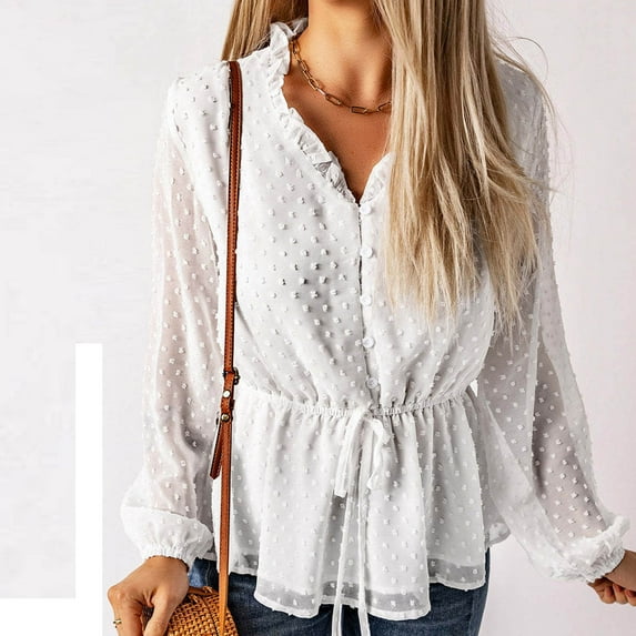 Idoravan Long Sleeve Shirts for Women Women Ladies Long Sleeve V-neck Solid Color Chiffon Jacquard Tops