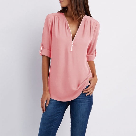 Idoravan Long Sleeve Shirts for Women Women Ladies Zipper Button Long Sleeves Loose Chiffon Shirt Clothing