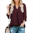 thumbnail image 1 of Idoravan Long Sleeve Shirts for Women Women's Fashion Casual V-Neck 3/4 Sleeve Work Shirt Solid Chiffon Fold Tunic Topice Wear Blouses, 1 of 8