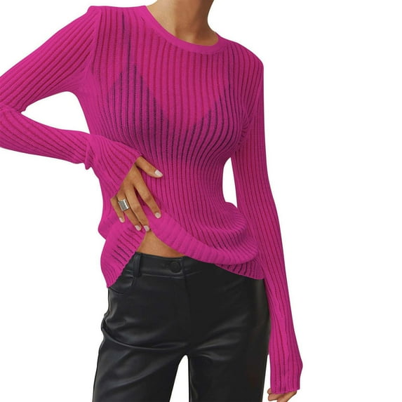 Idoravan Long Sleeve Shirts for Women Clearance Women's Solid Color Long-sleeved Pitted Round Neck Breathable Knitted Hollow Blouse Sweater