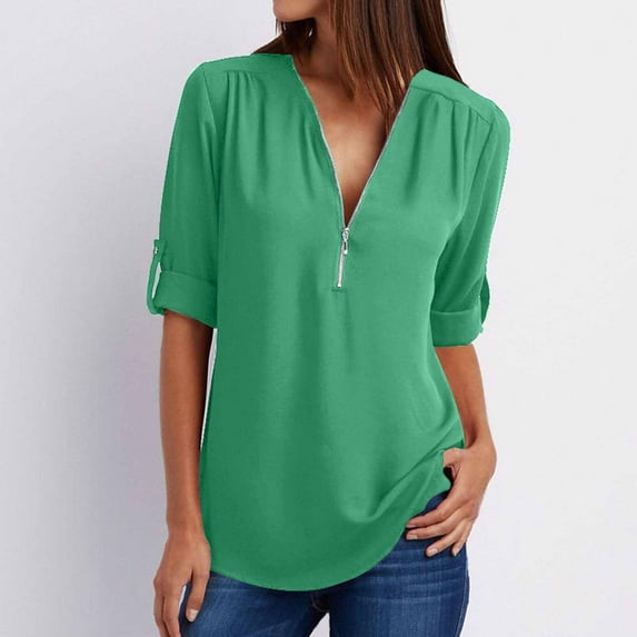 Idoravan Long Sleeve Shirts for Women Women's Summer Long Sleeve Shirts Zip Casual Tunic V-Neck Rollable Blouse Tops