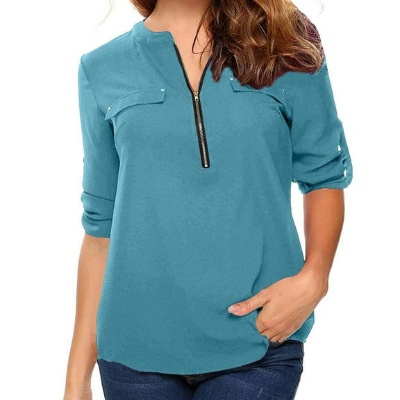 Idoravan Long Sleeve Shirts for Women Women's Summer Long Sleeve Shirts Zip Casual Tunic V-Neck Rollable Blouse Tops