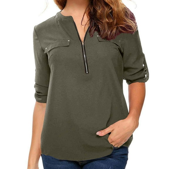 Idoravan Long Sleeve Shirts for Women Women's Summer Long Sleeve Shirts Zip Casual Tunic V-Neck Rollable Blouse Tops