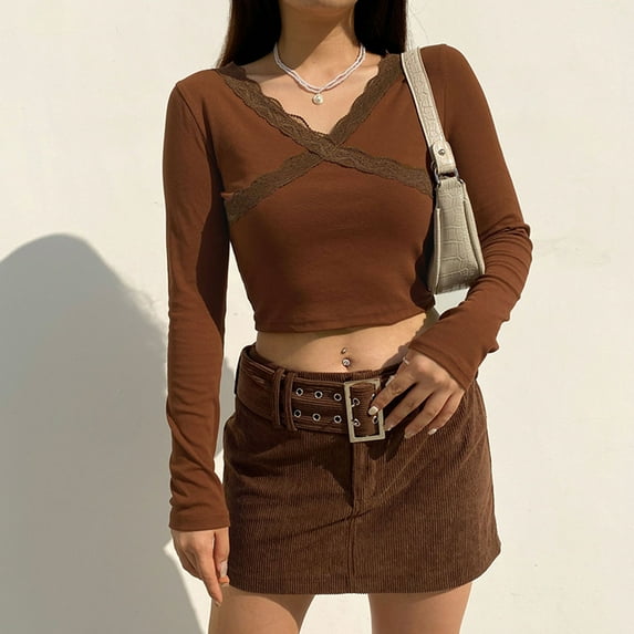 Idoravan Long Sleeve Shirts for Women Women's V-neck Slim Cross Lace Solid Color Bottom Long-sleeved Pullover Shirt Top